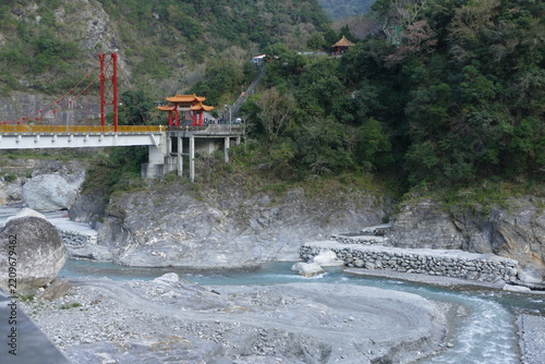 Cimu Bridge at Taroko national park before damage. Famous tourist spot in Xiulin, Hualien, Taiwan.