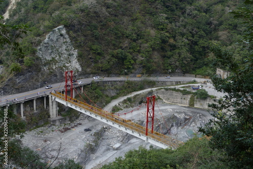 Cimu Bridge at Taroko national park before damage. Famous tourist spot in Xiulin, Hualien, Taiwan.
