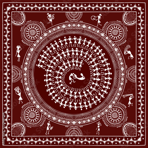 Hand drawn Warli tribal medallion with spiral round dance of villagers around central couple, sun wheel circles, women carrying water and grain, geometric border in terracotta and white for textile an