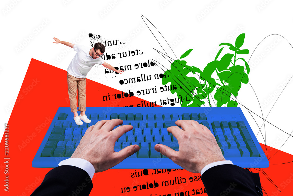 Obraz premium Creative collage young man balance keyboard device digital equipment typing arms body fragments sleeve drawing background