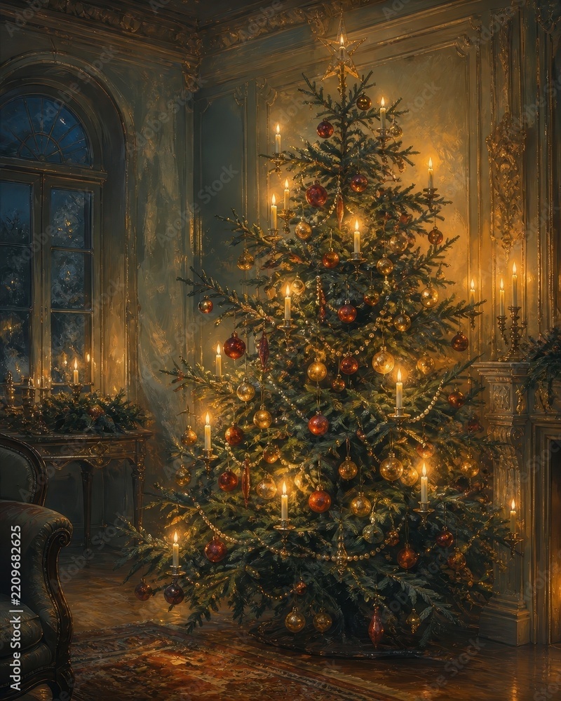 Fototapeta premium Elegant Christmas tree glowing in a vintage luxury room