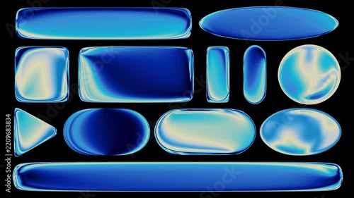 Glossy looping liquid glass gradient buttons and shapes with alpha channel. Moving blue iridescent gradients, seamless loop. Note, alpha channel in 4K version only.