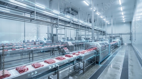 a modern smart meat processing factory with multiple conveyor belts and digital automation lines.