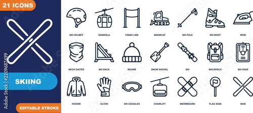 Skiing icon set with ski helmet gondola finish line ski pole