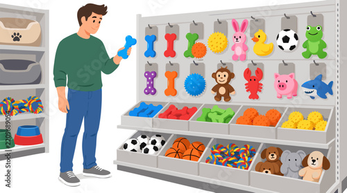 Flat vector illustration of a young man shopping in a pet store aisle holding a blue bone chew toy in front of a wall display of squeaky dog toys, balls, and plush animals on white background