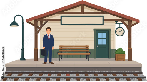 Businessman in Navy Suit Holding Briefcase Standing on Vintage Train Station Platform with Wooden Bench, Hanging Clock and Railway Tracks in Flat Vector Illustration Isolated on White Background