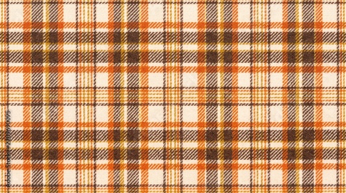 Traditional tartan plaid fabric pattern featuring orange, brown, and white checkered geometric woven threads