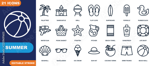 Summer icons set with palm tree sandcastle and grill vector