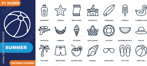 21 editable stroke icons set for summer beach and outdoor activities