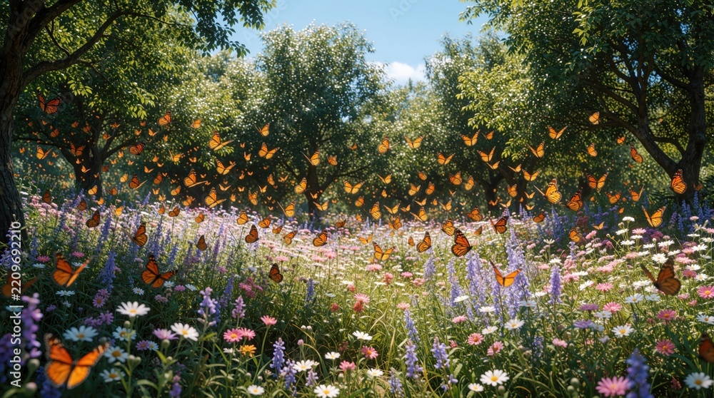 Obraz premium Many orange monarch butterflies fly over colorful wildflowers in summer meadow. Insects flutter among spring flowers, green trees in sunny forest. Beautiful nature scene with bright blossoms,
