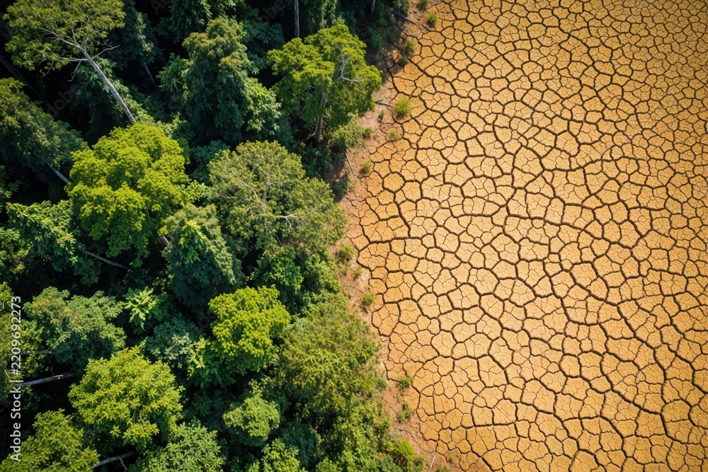 Obraz premium Aerial drone view shows contrast between rich green jungle, dry cracked earth. Dense forest meets barren desert land due to drought. Climate change causes water loss, ecosystem damage in tropical