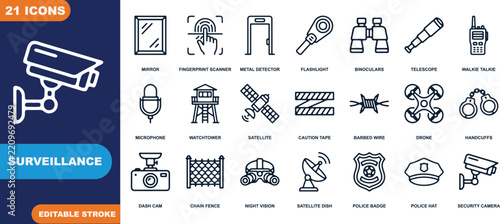 Surveillance icons set featuring equipment like cameras binoculars and more