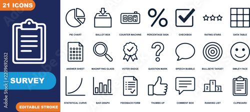 Survey icons set with icons like pie charts data tables and more