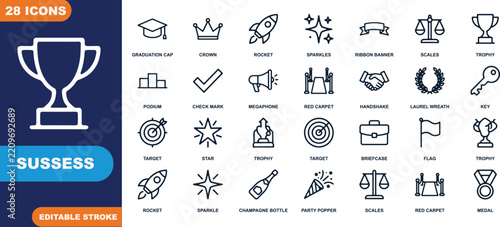 Success icons set including graduation caps stars and more