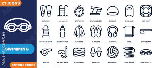 Swimming icons set with icons like swim fins and pool ladders