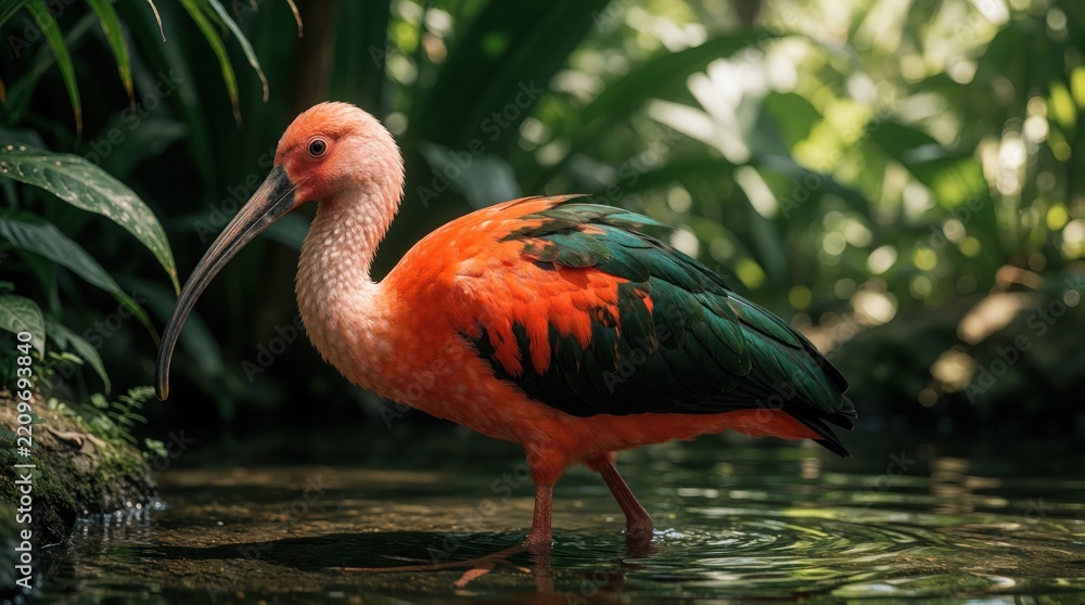 Obraz premium Scarlet ibis bird wades in shallow tropical swamp water. Bright red exotic avian stands in rich green jungle wetland. Long curved beak, colorful feathers of bird in wild nature habitat near forest