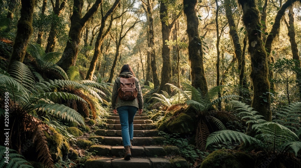 Obraz premium Solo female hiker climbs stone stairs in rich green forest. Woman with backpack walks up trail through fern plants, tall trees. Adventure trek in wild nature landscape with sunlight filtering through