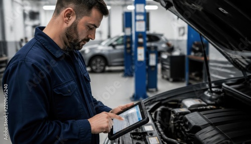 Auto mechanic using diagnostic tablet beside open car hood in modern vehicle service workshop