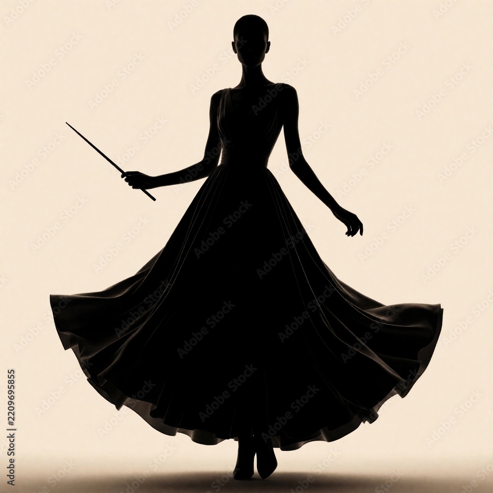 Obraz premium Elegant woman silhouette wears long flowing evening gown. Female figure holds magic wand against beige background. Mystical fairy tale lady poses with glamour style. Fantasy concept of chic haute