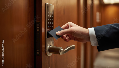 Business traveler using keycard on electronic hotel door lock with keypad and metal handle