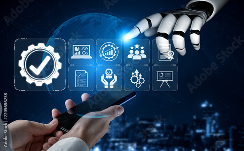 Obraz na plátně Futuristic Automation Concept with Robot Hand Interacting with Smartphone and Di