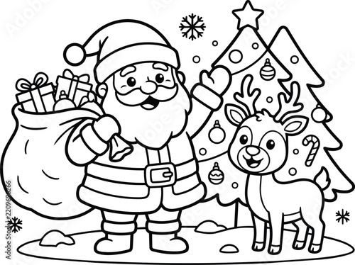 Christmas Coloring Page Illustration Featuring Santa Claus with His Reindeer and Sleigh Full of Gifts in a Snowy Winter Forest Scene, Black and White Vector Line Art for Kids Activity.