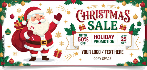 Santa Claus Christmas Sale Horizontal Web Banner with Festive Decorations, Gift Boxes, and Snowflakes on Red Background for Holiday Marketing and Seasonal Discounts.