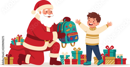 Santa Claus giving a colorful school backpack to a happy young child during the Christmas holiday season, vector illustration of Father Christmas presenting a gift to a kid for charity.