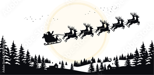 Silhouette of Santa Claus Flying in a Sleigh with Reindeer Across a Large Glowing Full Moon in a Starry Night Sky, Christmas Holiday Vector Illustration for Festive Winter Season Cards.