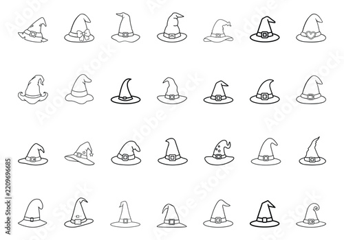 Collection of various black outline witch hat icons for halloween with line art