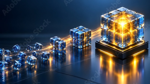 Glowing digital cubes moving in straight line toward central block illustrating structured data processing and linear network flow