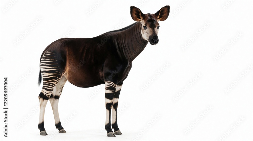Fototapeta premium Rare okapi stands on white background. Exotic forest animal with brown fur, zebra stripes on legs, neck. Unique mammal looks at camera, showing beautiful pattern. Endangered species from Congo