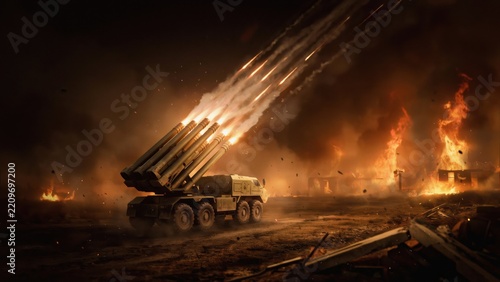 Multiple launch rocket system fires barrage of projectiles into a burning war-torn terrain.