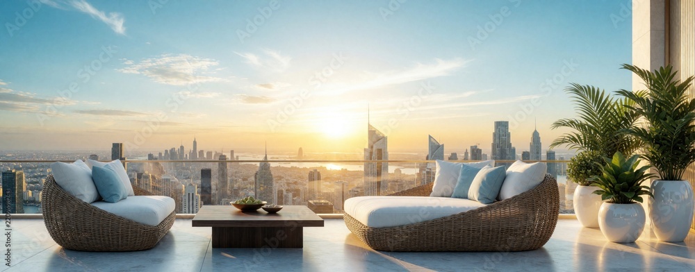 Fototapeta premium Luxury penthouse rooftop terrace with modern lounge furniture, view of city skyline at sunset. Comfortable wicker sofas with white cushions sit on deck near potted green plants. Elegant outdoor