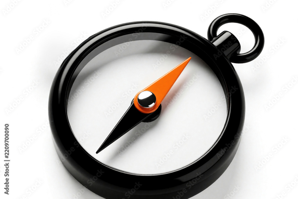 Naklejka premium Macro shot of small navigation compass on white background. Black round frame with orange, black magnetic needle shows direction. Simple tool for travel, hiking, exploration, finding way in