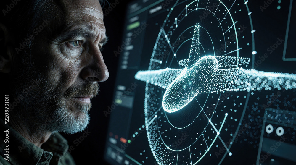 Obraz premium Middle aged military operator analyzes UAV detection data on digital radar screen. Soldier monitors drone flight path, tracking info on tactical interface. Tech specialist performs surveillance,