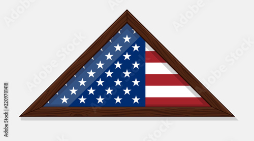 Flat vector illustration of a folded American flag in a triangular wooden display case for military memorial