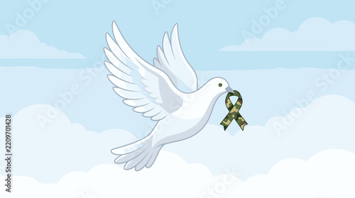 Flat vector illustration of a white dove flying with a military camouflage awareness ribbon for peace and veteran support