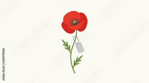Flat vector illustration of a red poppy flower with a hanging military dog tag for remembrance memorial day