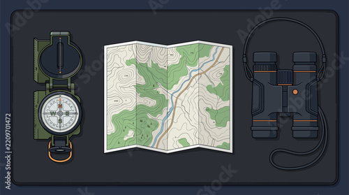 Top view flat vector illustration of tactical navigation gear with compass, topographic map, and binoculars