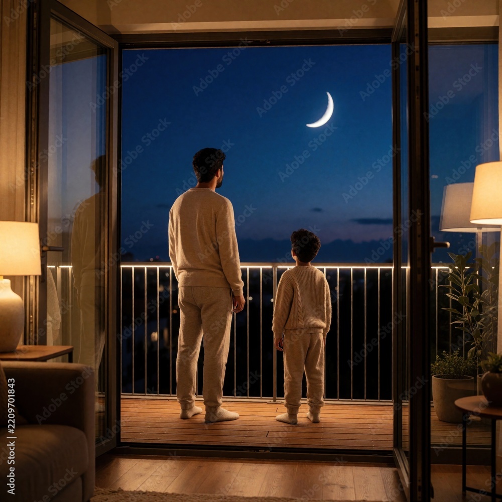 Fototapeta premium Father, young son stand on modern apartment balcony at night. Look at crescent moon in dark blue sky. Muslim family celebrates Hijri New Year Ramadan together. Silhouettes of man, boy observe moon