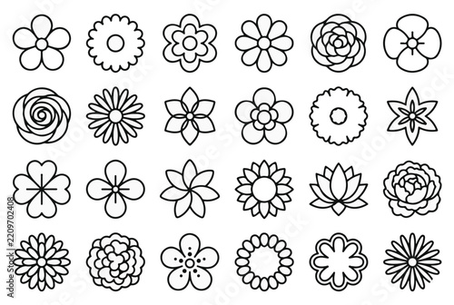 Flower Outline Icon Collection — Rose, Daisy, Lotus and Hibiscus Line Art Vector Set for Botanical and Floral Design