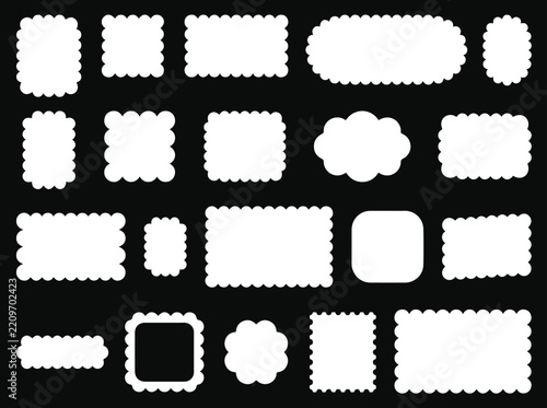 Vintage Postage Stamp Border Set — Scalloped Rectangle and Cloud Shape Frame Vector Collection for Ticket and Label Design