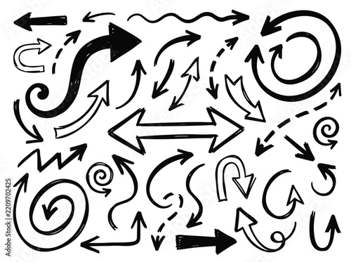 Hand Drawn Doodle Arrow Icon Collection — Sketchy Curved, Swirl and Directional Line Art Vector Set for Presentations and Notes