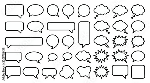 Chat and Thought Bubble Outline Collection — Comic Dialogue Box, Cloud and Starburst Speech Shape Vector Set for UI and Comic Design