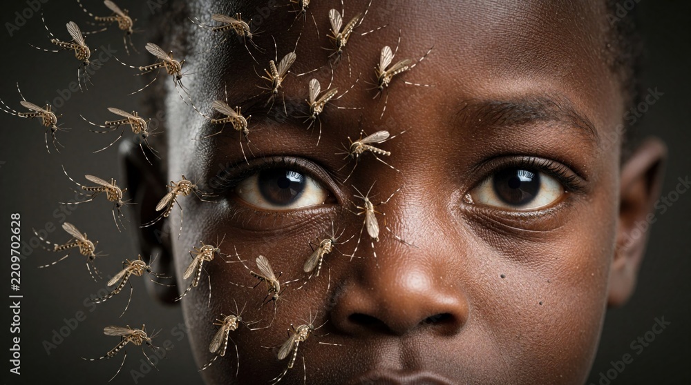Fototapeta premium Close up face of young African child surrounded by many mosquito insects. Swarm of pests flies near eyes, skin. Concept of malaria disease prevention, tropical infection danger in hot climate.