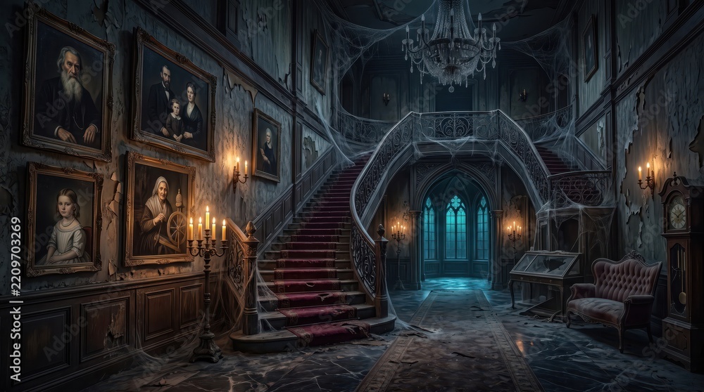 Obraz premium Haunted Mansion Hallway with Ancient Staircase, Cobwebs and Candlelight