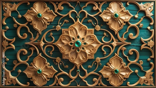 Detailed Islamic floral and geometric ornament pattern in gold and teal