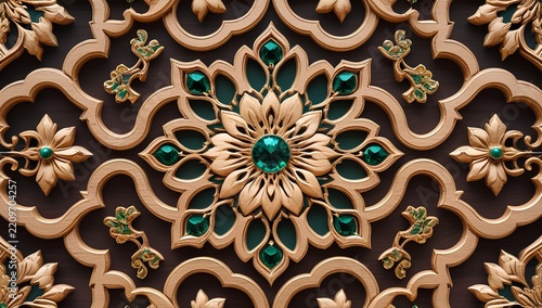 Luxury Islamic golden mandala pattern with green emerald details