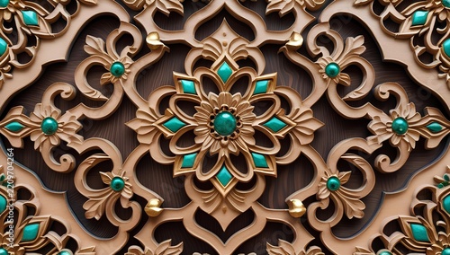 Intricate Islamic golden mandala pattern with turquoise gemstones